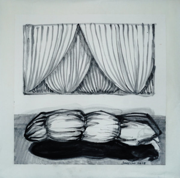 Geng Xue, Room with body wrap and heavy curtains, 2018, ink on paper, 50x50cm