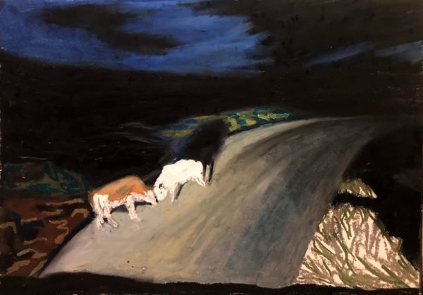 Sun Ziyao, Cattle on the road, 2020, oil pastel on paper, 37x52cm
