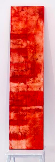 Tony Scott, Journey to Xiamen, 2017, Chinese almanac pages, oil, pigment, wax on Chinese door, 183x43.5cm