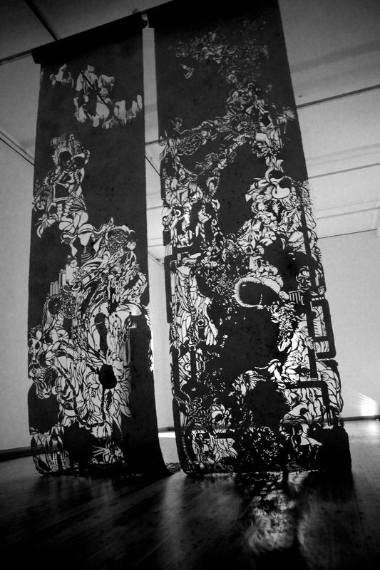 Tianli Zu, Nowa is Pregnant II, 2012, 100% cotton paper, painted with Chinese tea and ink, hand cut, 420x120cm each, 2 units