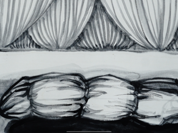 Geng Xue, Room with body wrap and heavy curtains, 2018, ink on paper, 50x50cm, detail