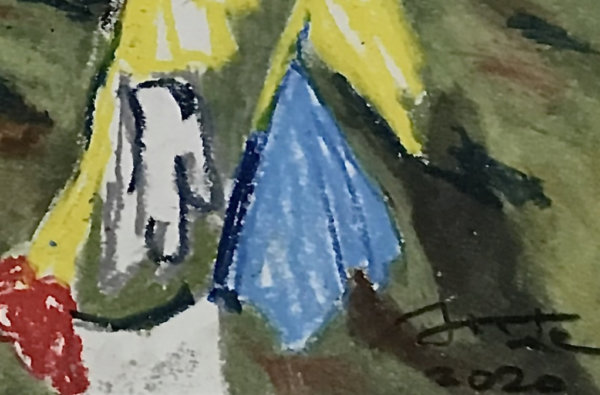 Sun Ziyao, Prayer flags above mountain peak, 2020, oil pastel on paper, 37x52cm, signature